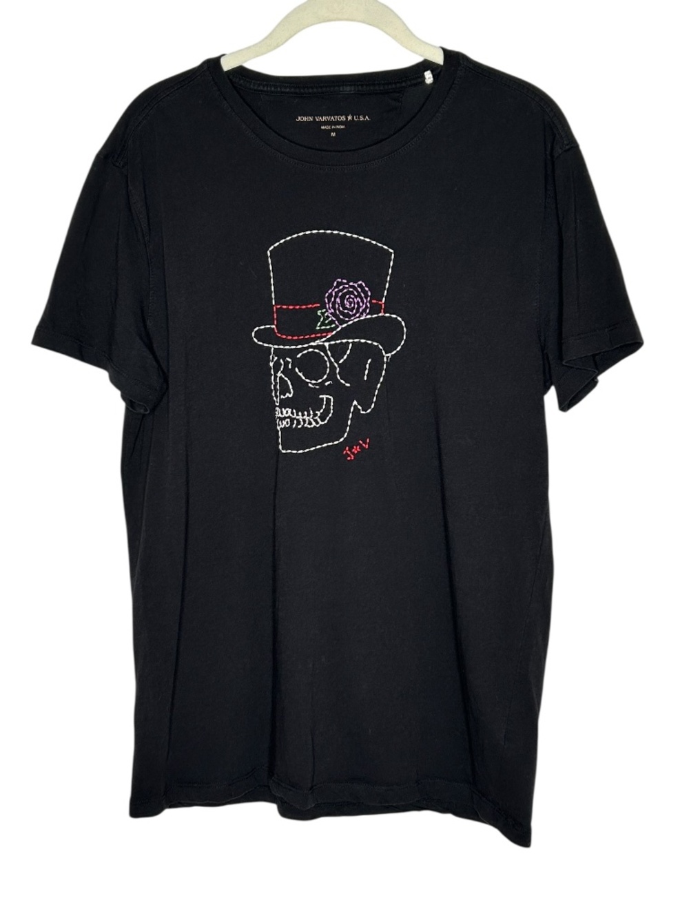 John Varvatos Black Tee Shirt Skull Top Artisanal Whip Stitch Embroidery M